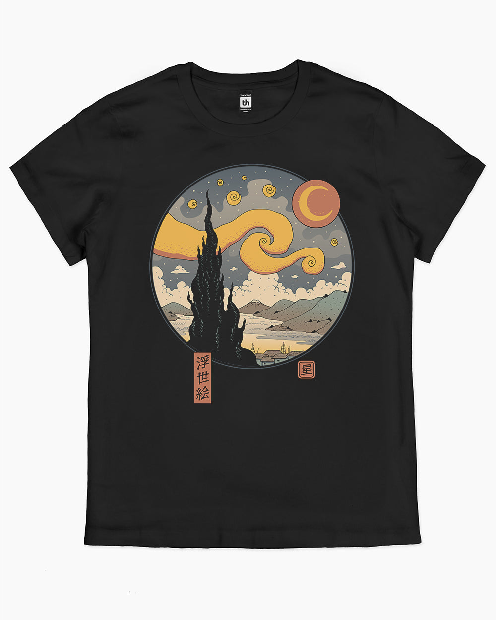 Starry Ukiyo-e Night T-Shirt Australia Online #colour_black